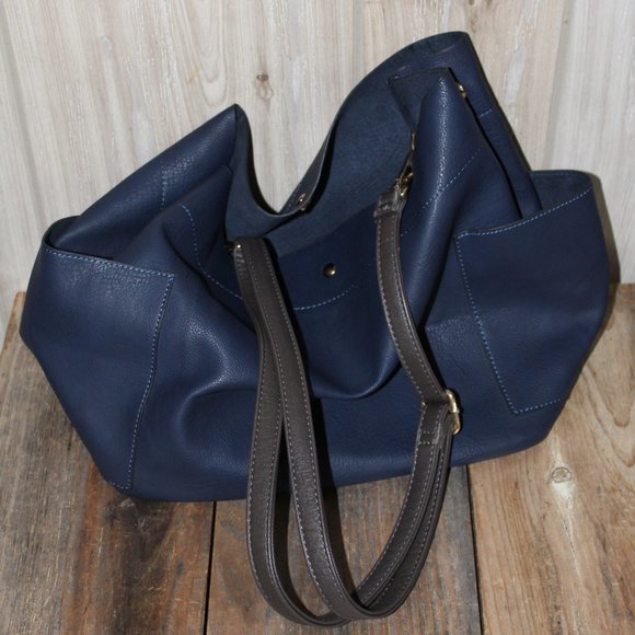 Women Dark Blue Bucket Bag 2 Straps Over Shoulder + Briefcase Handle Style - Picture 5 of 15